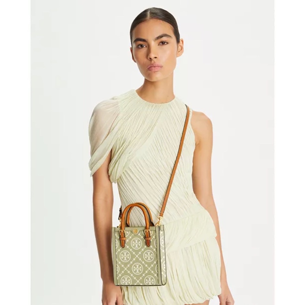 NWT Tory Burch Mini T Monogram Contrast Embossed Leather Tote Crossbody Bag